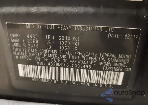 2012 Subaru Legacy 2.5I Limited из США, поврежденный, VIN 4S3BMBK65C3034951